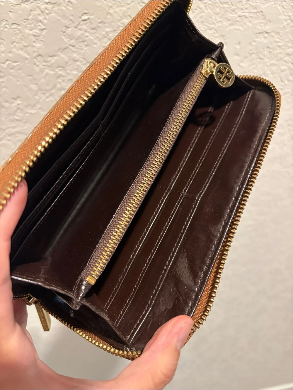 Tory Burch Tan Snakeskin-Embossed Zip Wallet